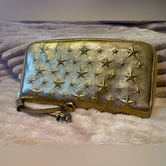 Jimmy Choo Long Wallet Filipa Star-Embossed Gold Metallic Authentic Discontinued - Picture 1 of 11